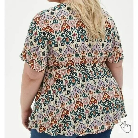 Torrid Womens 4X Tan Purple Printed Short Sleeve Gauze Smocked Surplice Wrap Top - Picture 10 of 11